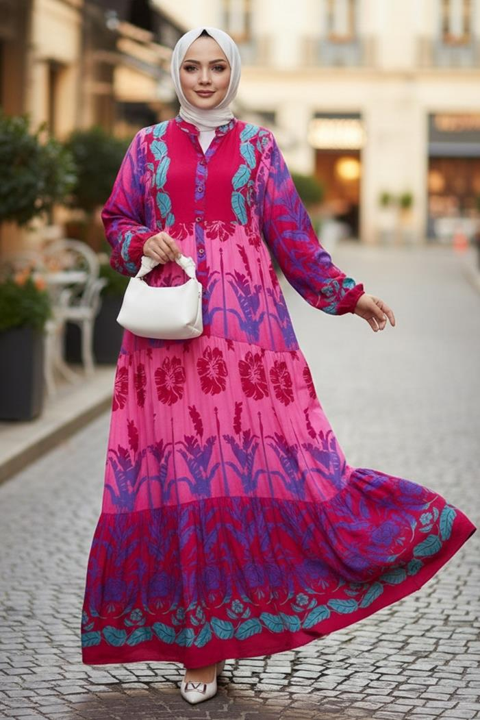 Seyer Yarım Düğmeli Dokuma Viskon Elbise 1485 - Fuşya