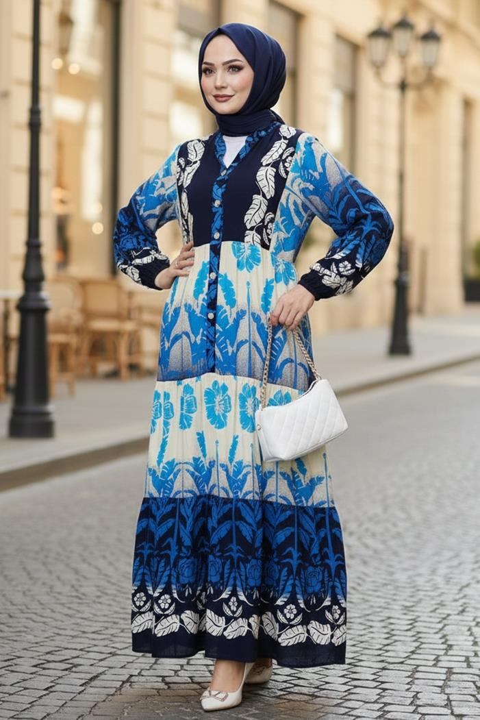 Seyer Yarım Düğmeli Dokuma Viskon Elbise 1485 - İndigo