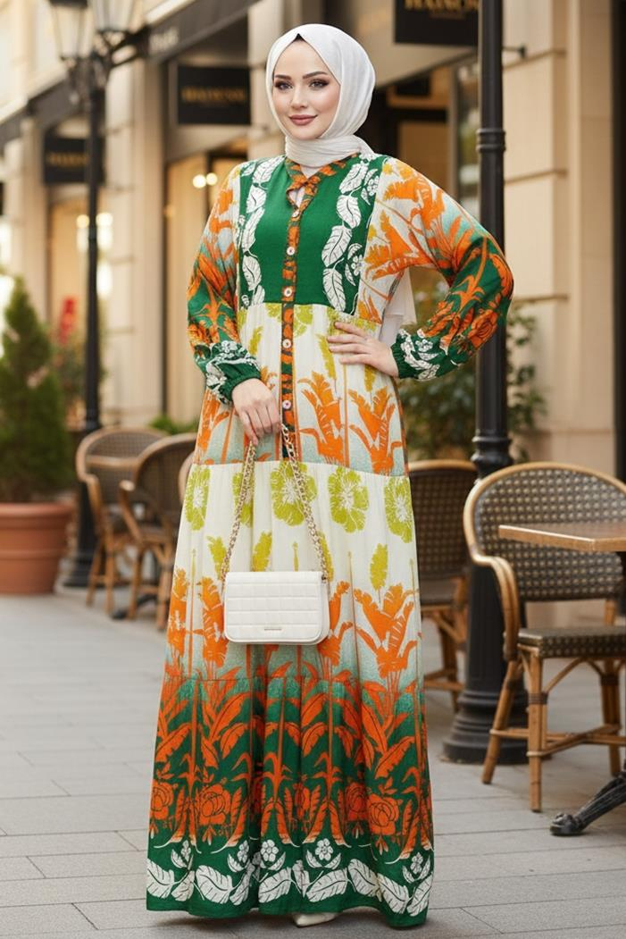 Seyer Yarım Düğmeli Dokuma Viskon Elbise 1485 - Turuncu