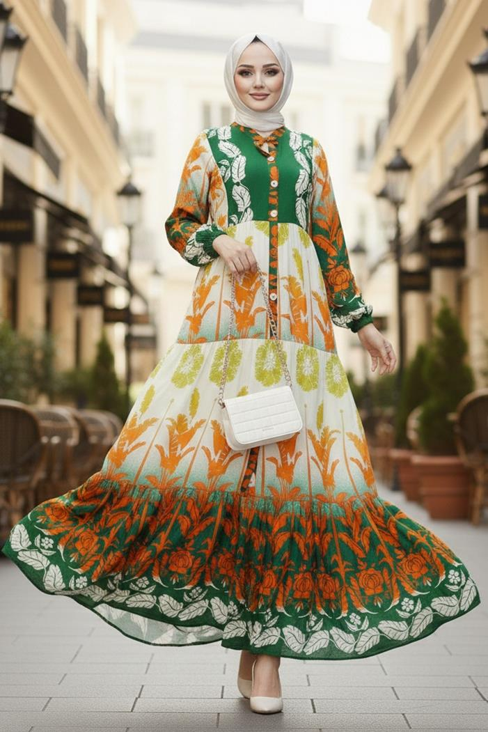 Seyer Yarım Düğmeli Dokuma Viskon Elbise 1485 - Turuncu