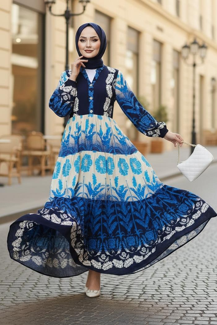 Seyer Yarım Düğmeli Dokuma Viskon Elbise 1485 - İndigo