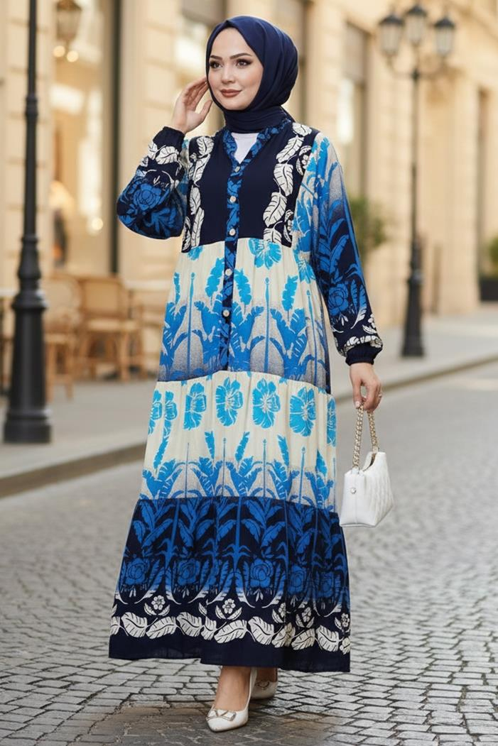 Seyer Yarım Düğmeli Dokuma Viskon Elbise 1485 - İndigo