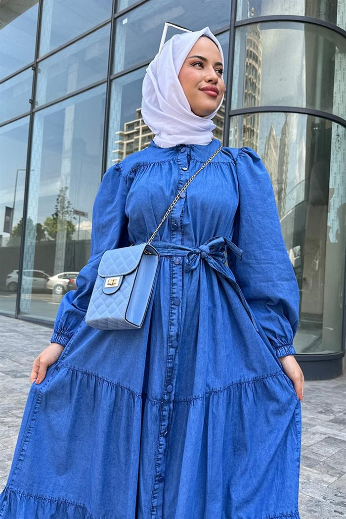 Simay Kemerli Kot Elbise 503 - Mavi