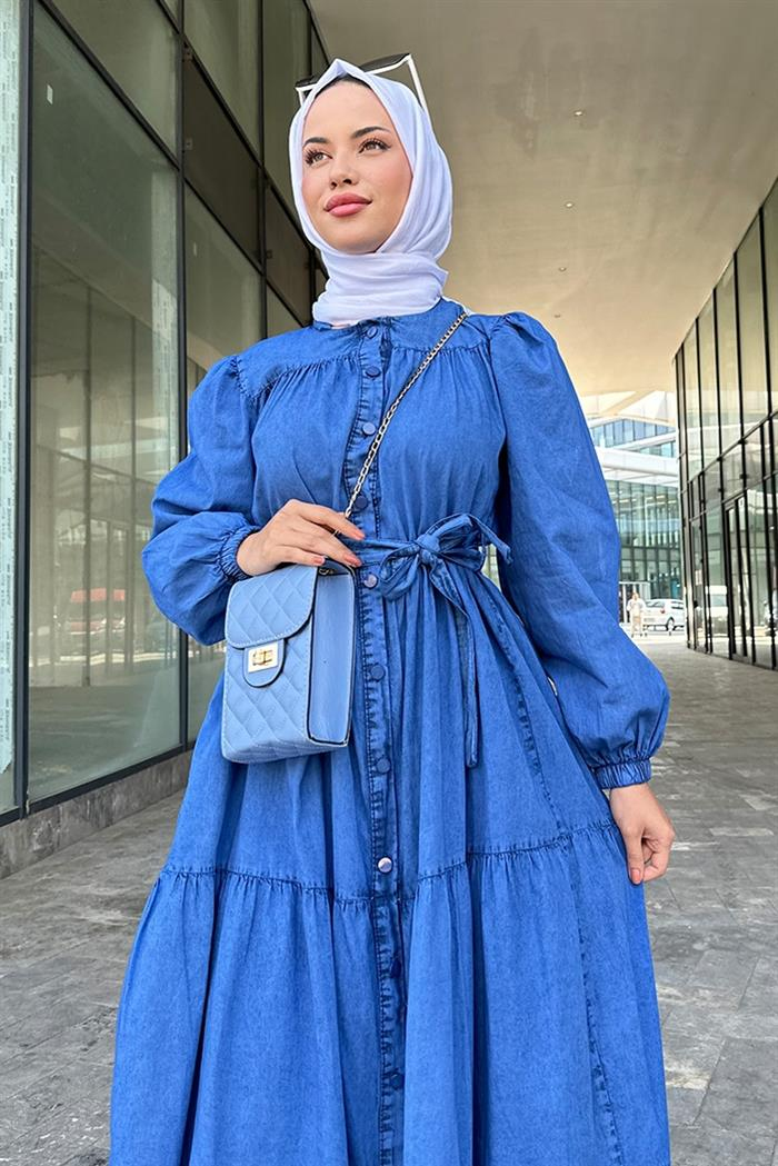 Simay Kemerli Kot Elbise 503 - Mavi
