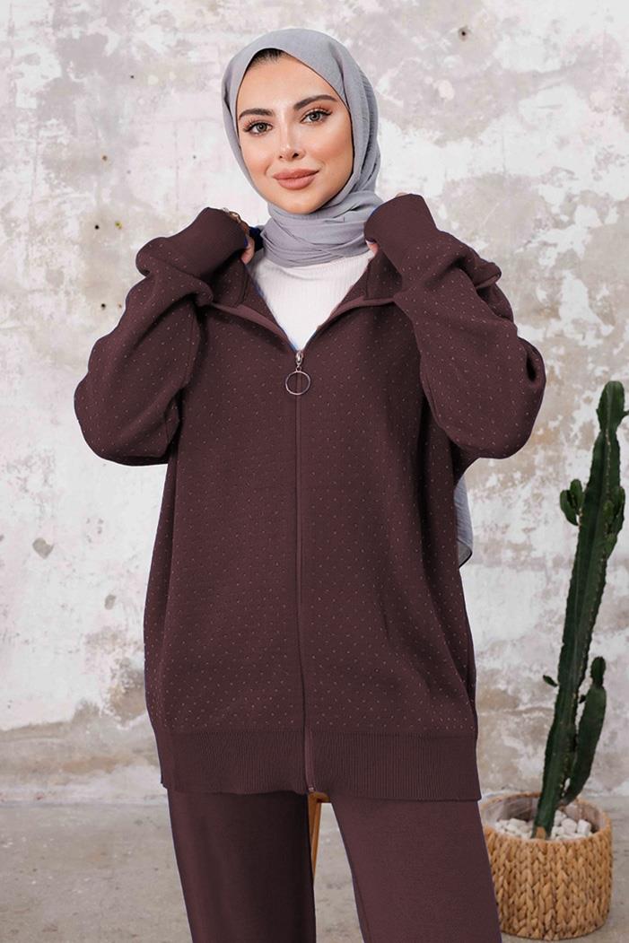 Simli Hırka Pantolon İkili Triko Takım 1237 - Kahve