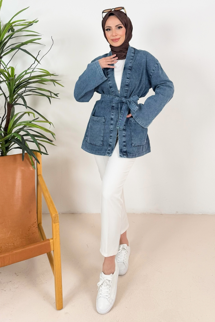 Siyel Çift Cep Kuşaklı Kot Kimono 1384 - Mavi