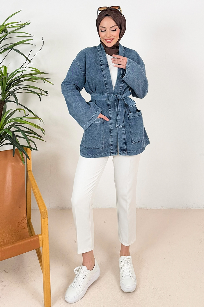 Siyel Çift Cep Kuşaklı Kot Kimono 1384 - Mavi