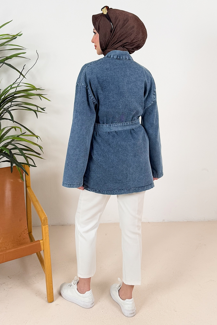 Siyel Çift Cep Kuşaklı Kot Kimono 1384 - Mavi