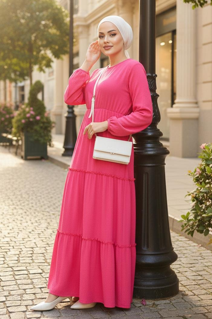 Talya Bürümcük Tesettür Elbise 864 - Fuşya