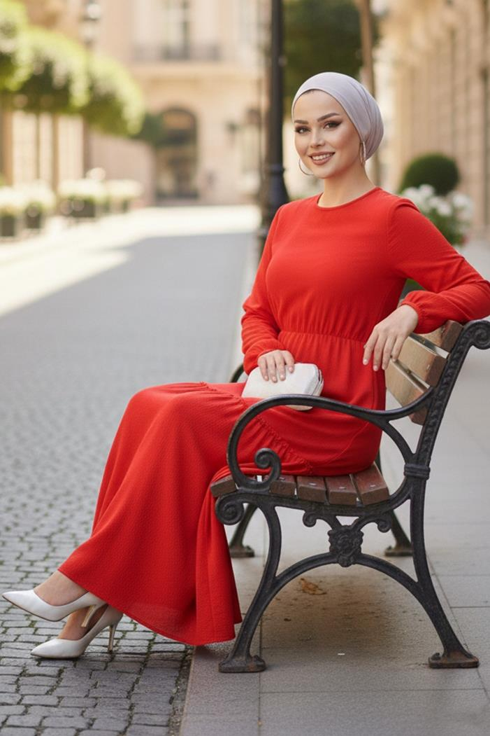 Talya Bürümcük Tesettür Elbise 864 - Kırmızı