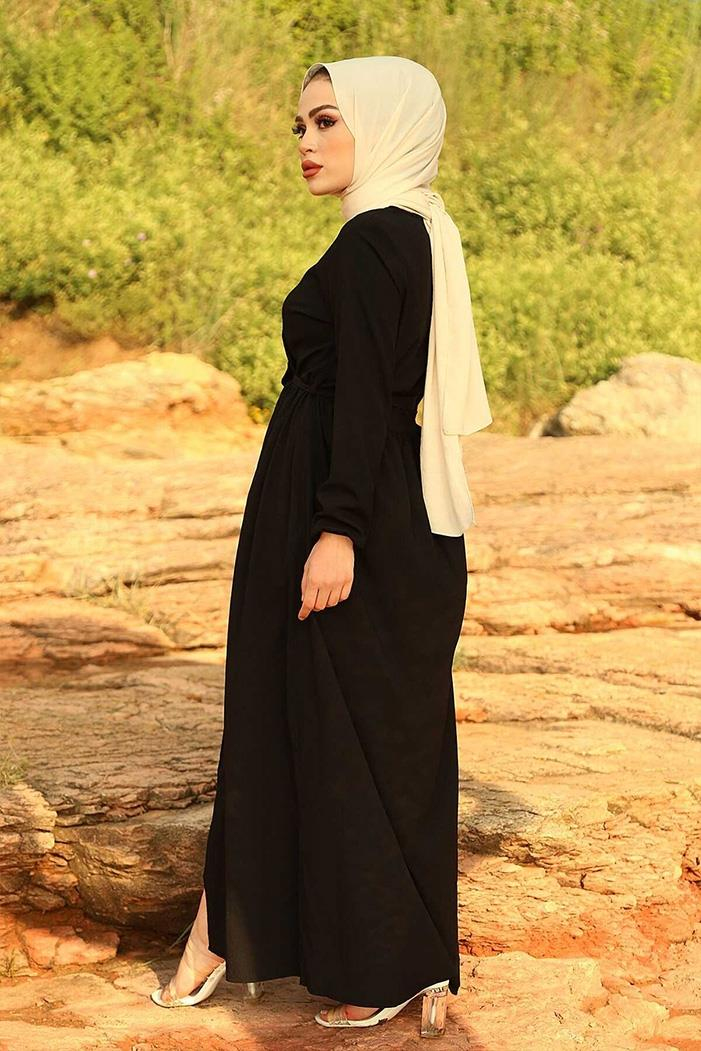 Tam Boy Düğmeli Elbise - Siyah