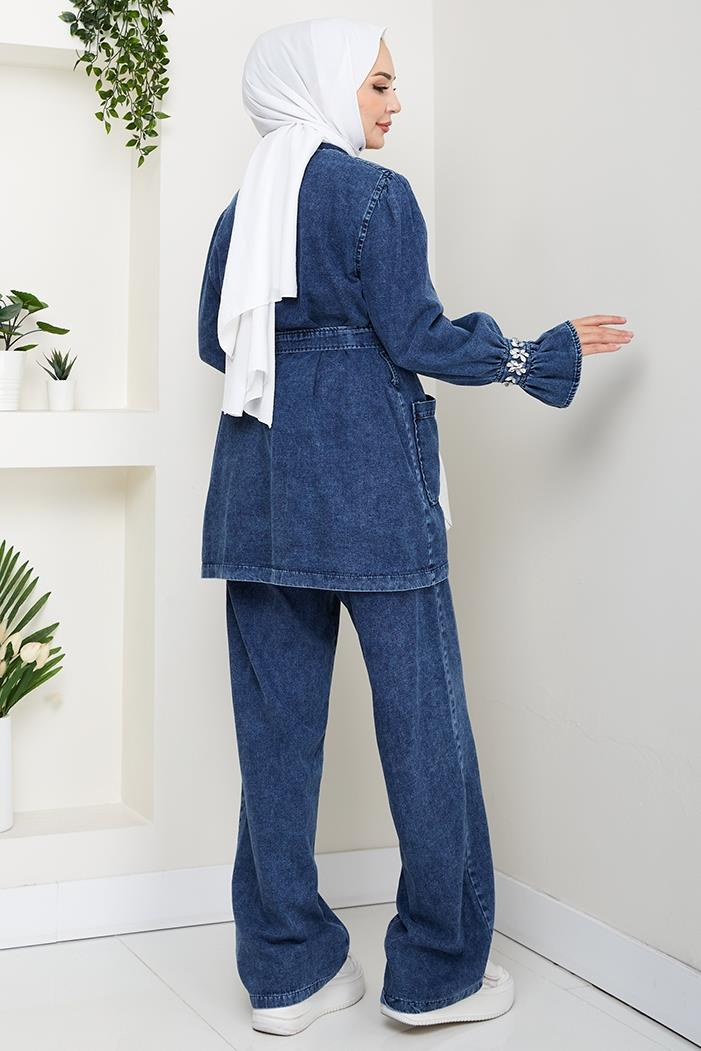 Taşlı Ceket Pantolon Kot İkili Takım 1639 - Mavi