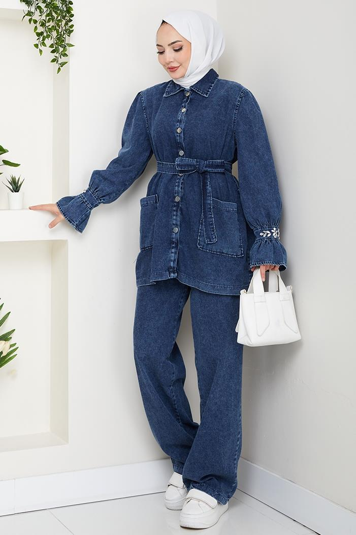 Taşlı Ceket Pantolon Kot İkili Takım 1639 - Mavi