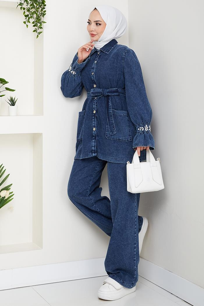 Taşlı Ceket Pantolon Kot İkili Takım 1639 - Mavi