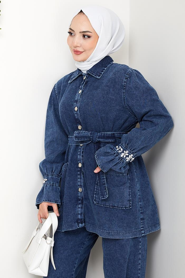 Taşlı Ceket Pantolon Kot İkili Takım 1639 - Mavi