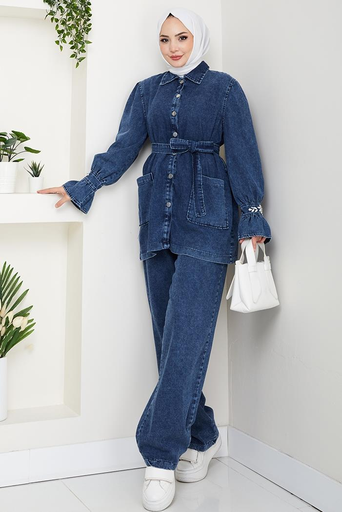 Taşlı Ceket Pantolon Kot İkili Takım 1639 - Mavi