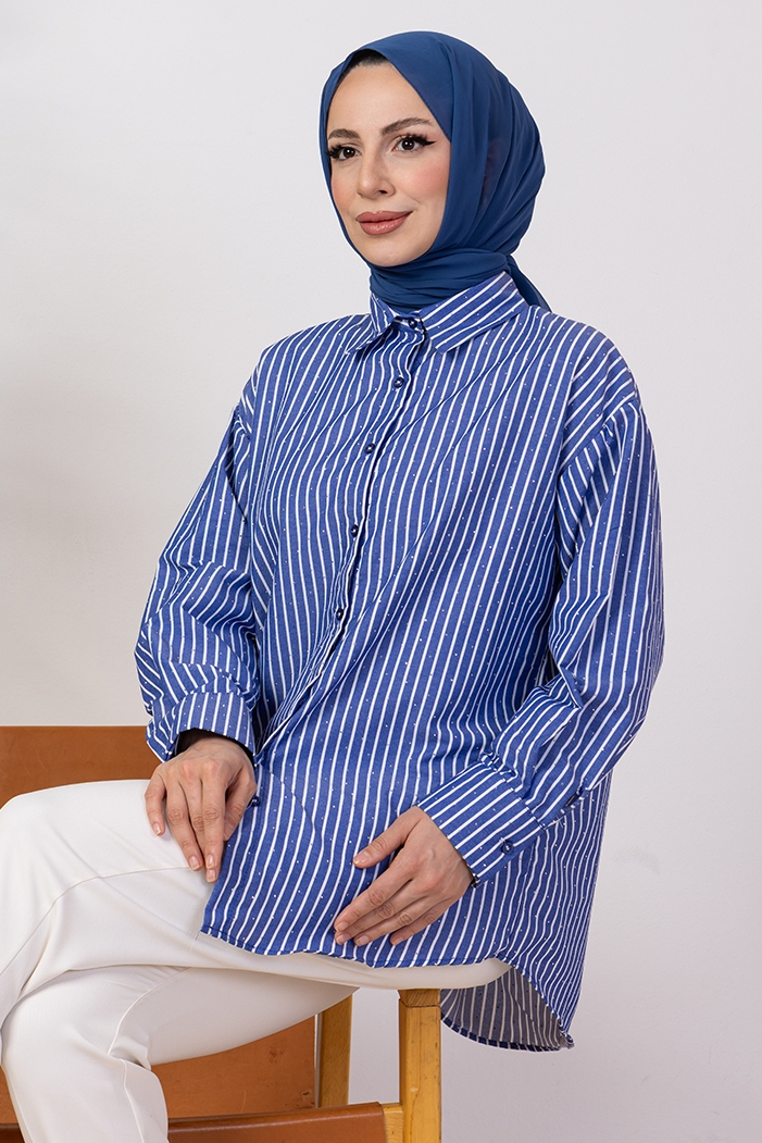 Taşlı Çizgili Gömlek 1407 - Lacivert