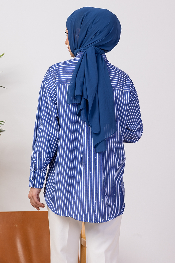 Taşlı Çizgili Gömlek 1407 - Lacivert