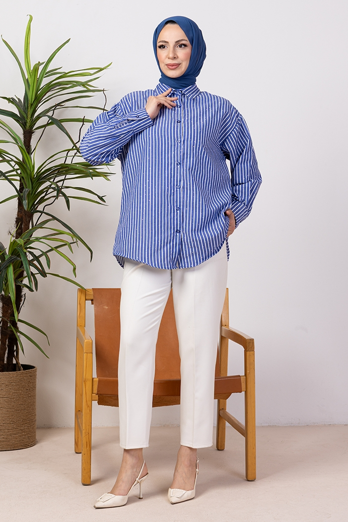 Taşlı Çizgili Gömlek 1407 - Lacivert