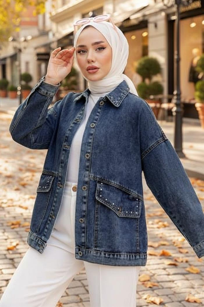 Taşlı Kot Ceket 1438 - Koyu Mavi