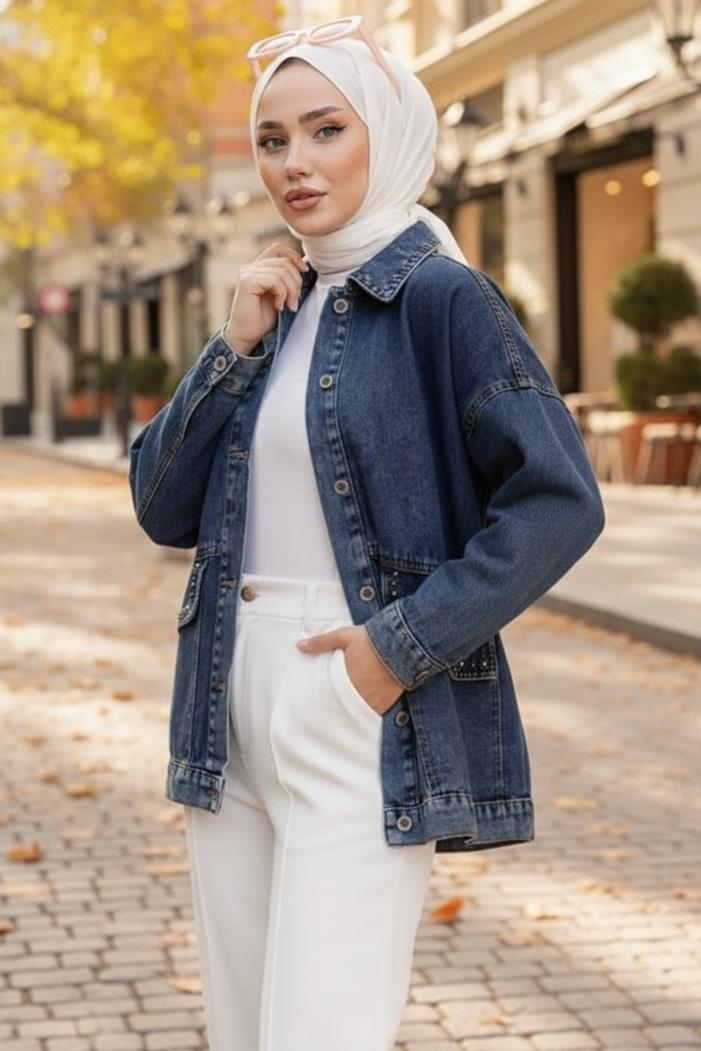 Taşlı Kot Ceket 1438 - Koyu Mavi