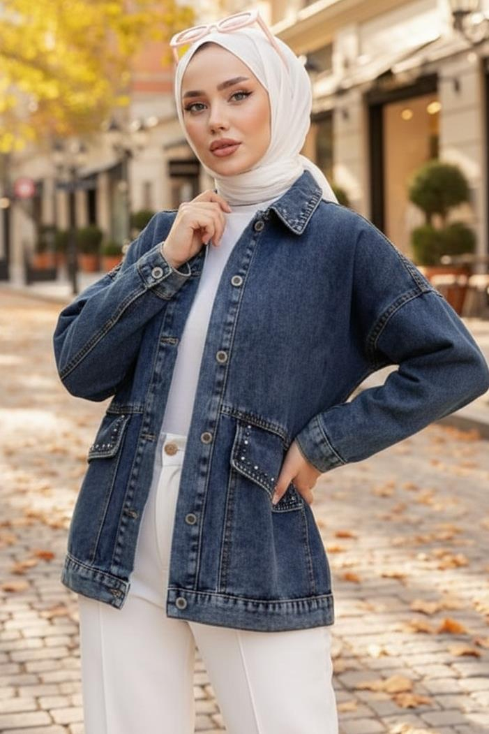 Taşlı Kot Ceket 1438 - Koyu Mavi