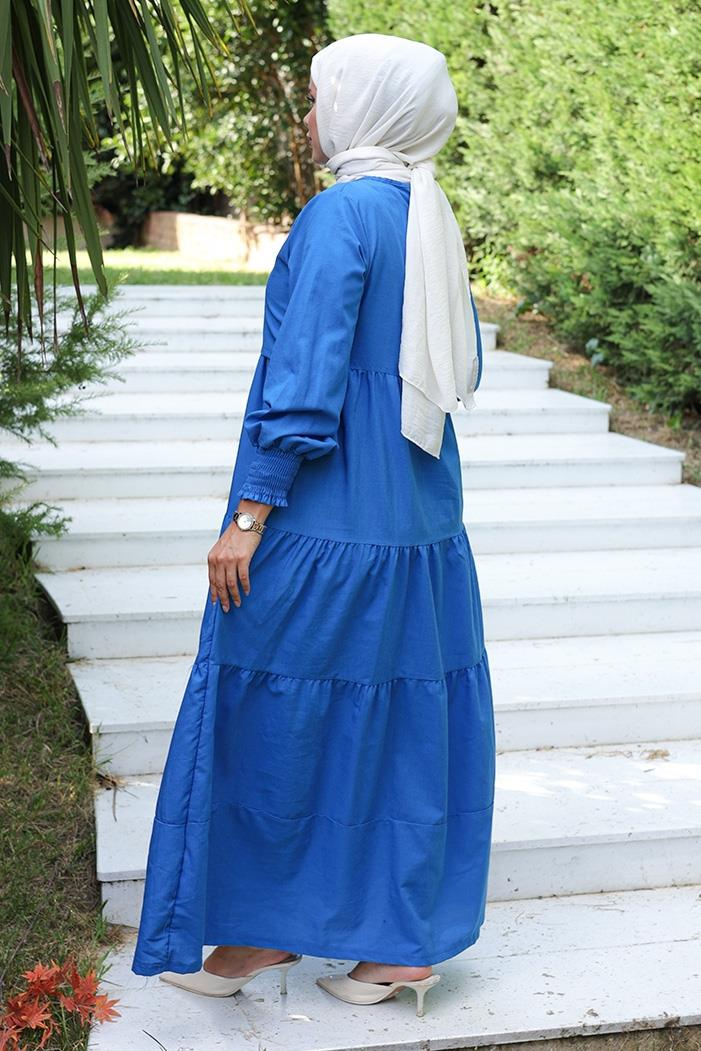 Tek Kat Detay Tesettür Elbise 1103- Saks Mavisi