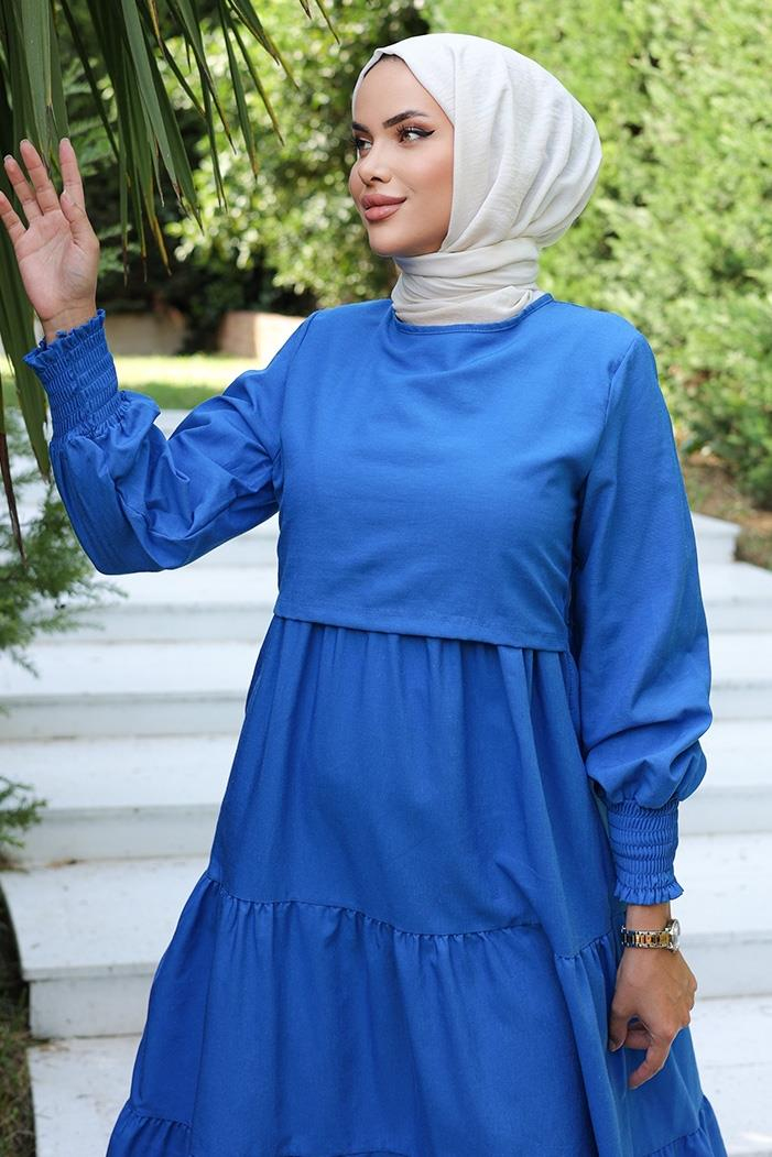 Tek Kat Detay Tesettür Elbise 1103- Saks Mavisi