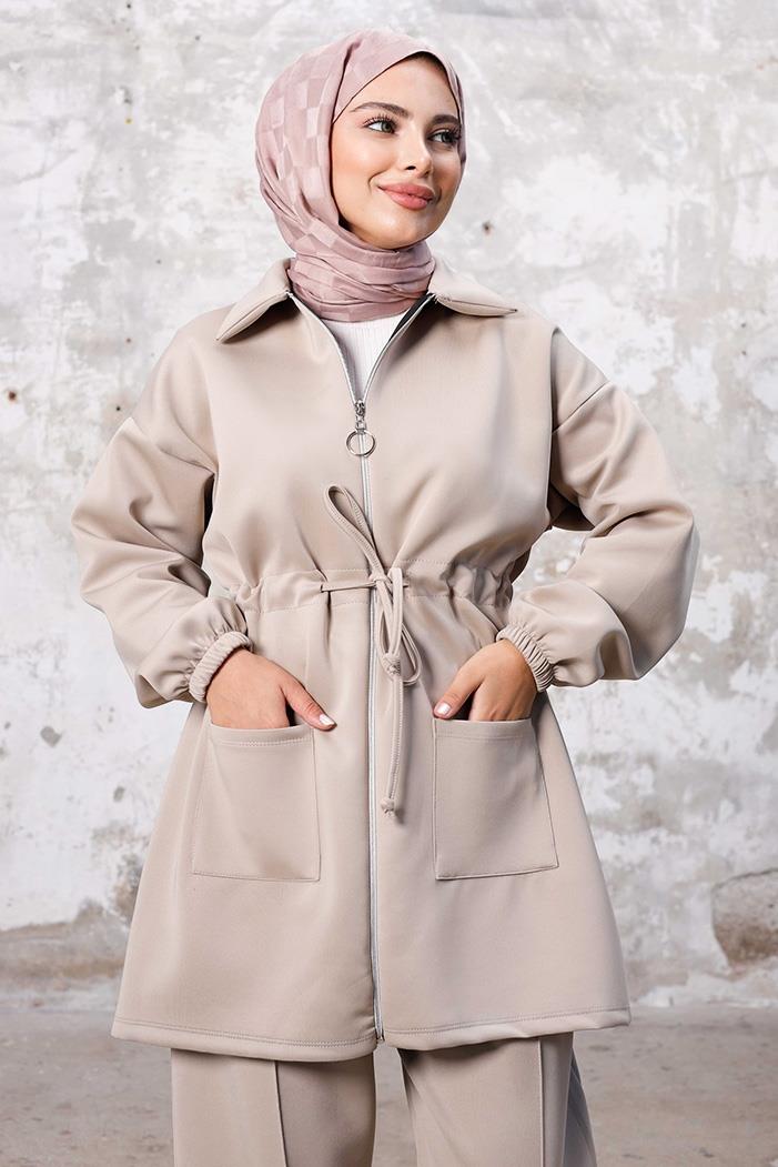 Tünel Kemerli Tunik Pantolon Scuba İkili Takım 1261 - Taş