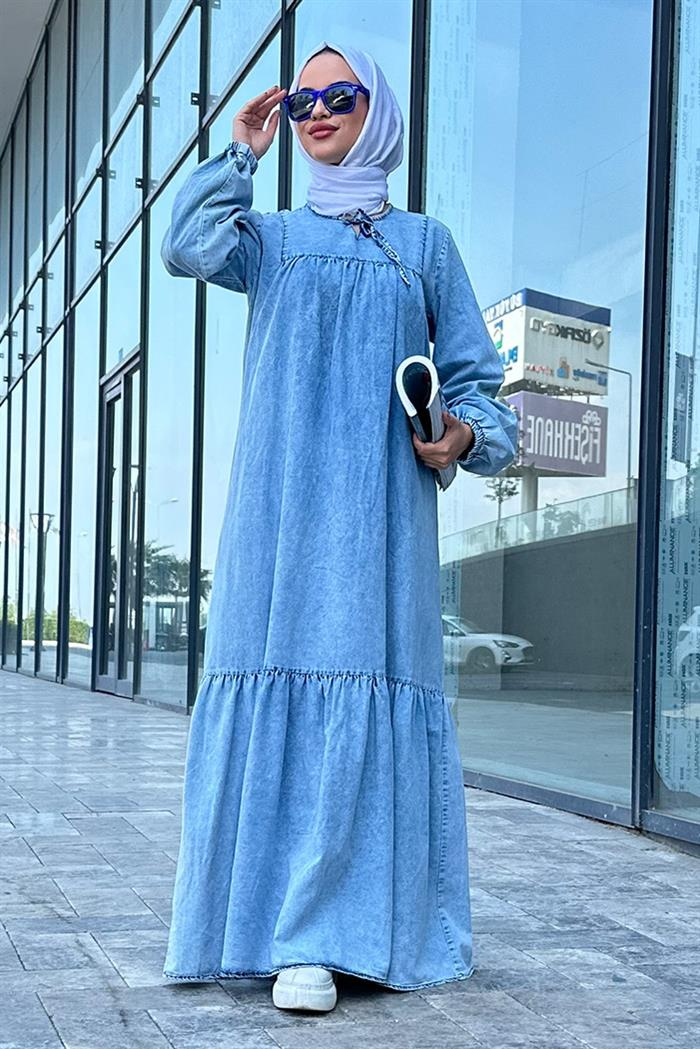 Ünay Eteği Fırfırlı Kot Elbise 511 - Mavi