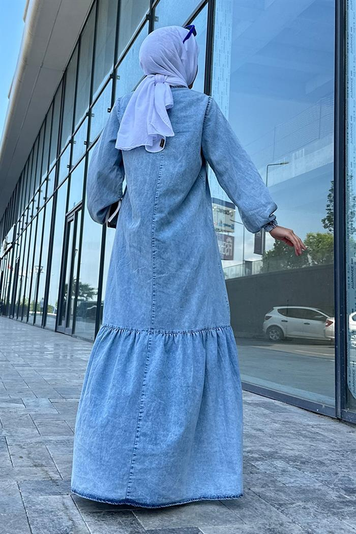 Ünay Eteği Fırfırlı Kot Elbise 511 - Mavi