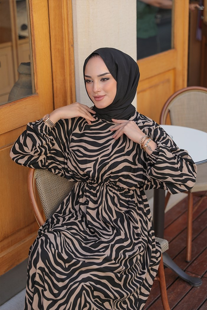 Zebra Desen Dora Yarasa Kol Tesettür Elbise 316 - Vizon