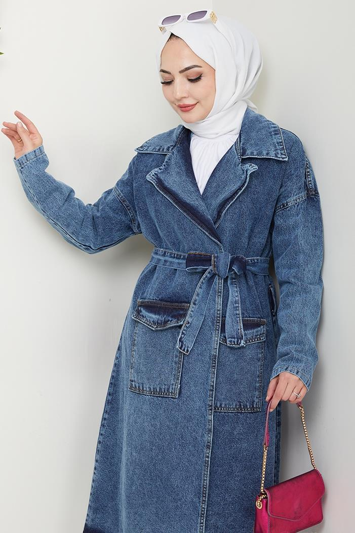 Zeyal Kuşaklı Kot Trenç 1434 - Mavi