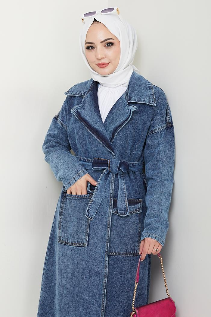 Zeyal Kuşaklı Kot Trenç 1434 - Mavi