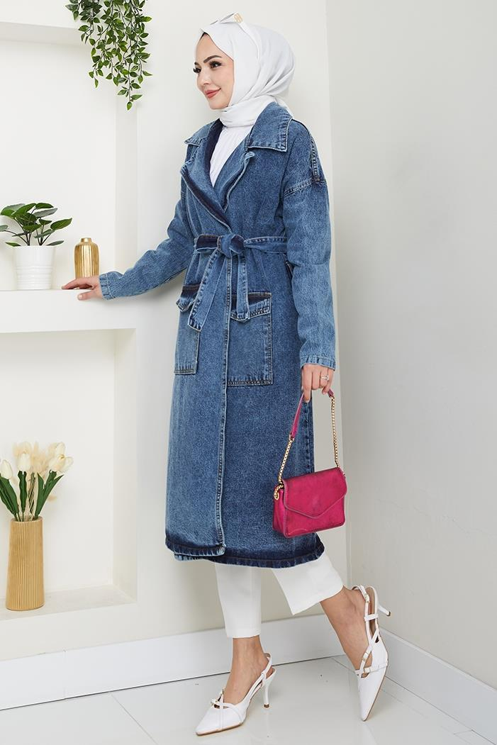 Zeyal Kuşaklı Kot Trenç 1434 - Mavi