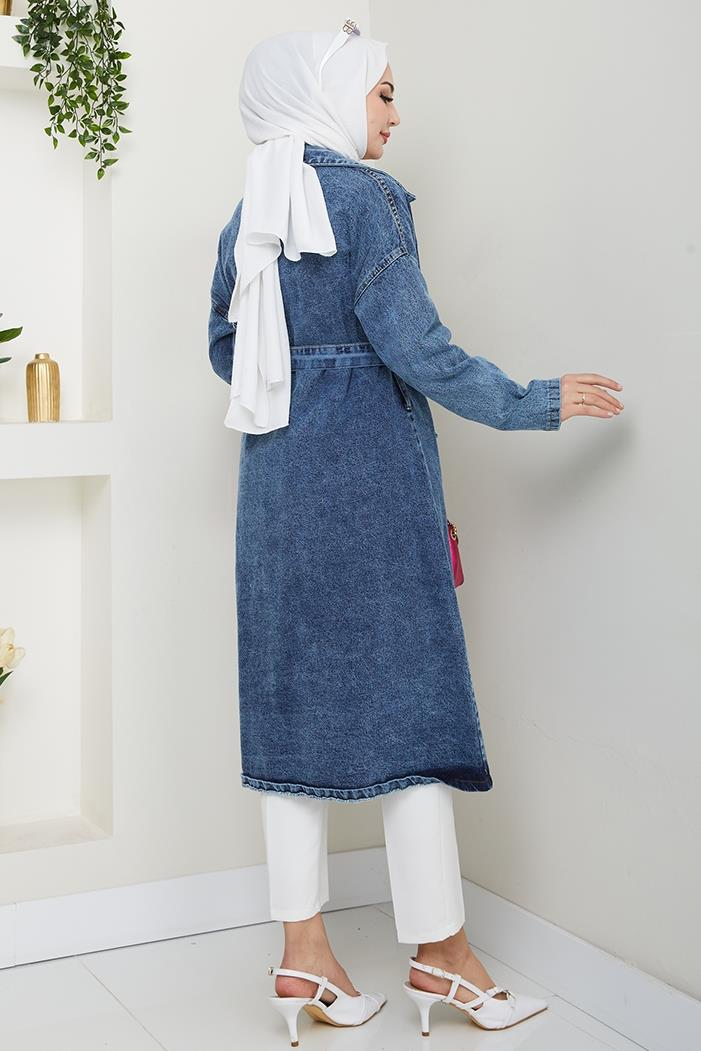 Zeyal Kuşaklı Kot Trenç 1434 - Mavi