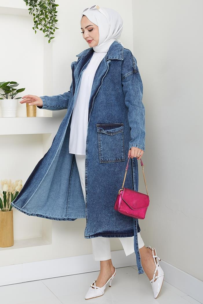 Zeyal Kuşaklı Kot Trenç 1434 - Mavi