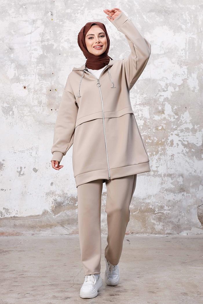 Zincir Detaylı Tunik Pantolon Scuba İkili Takım 1259 - Taş