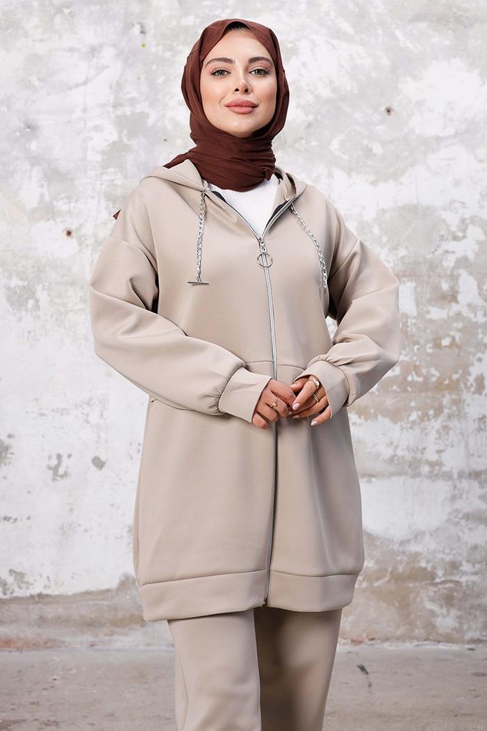 Zincir Detaylı Tunik Pantolon Scuba İkili Takım 1259 - Taş