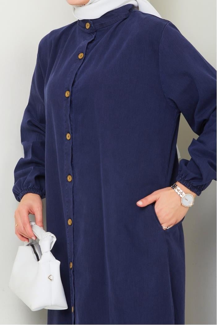 Ziyer Boydan Düğmeli Kot Elbise 1498 - Lacivert