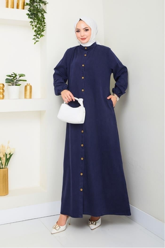 Ziyer Boydan Düğmeli Kot Elbise 1498 - Lacivert