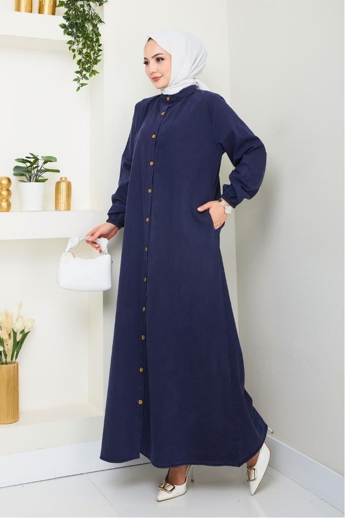 Ziyer Boydan Düğmeli Kot Elbise 1498 - Lacivert