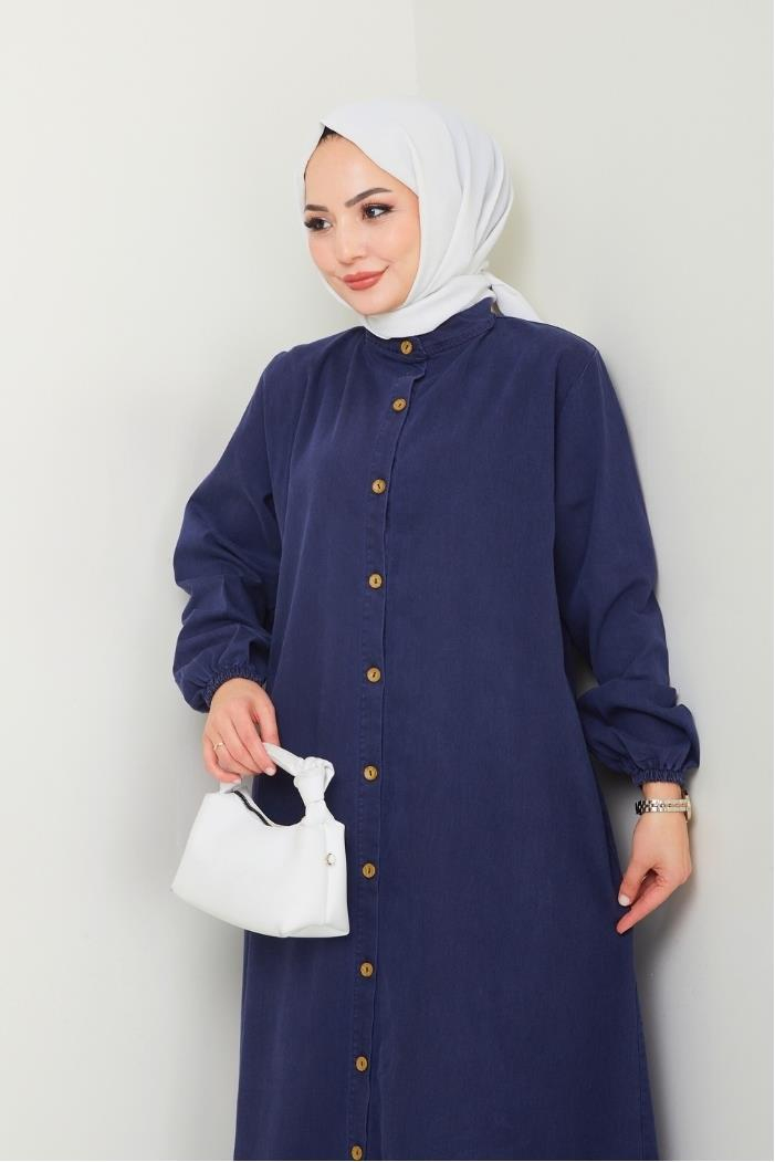 Ziyer Boydan Düğmeli Kot Elbise 1498 - Lacivert