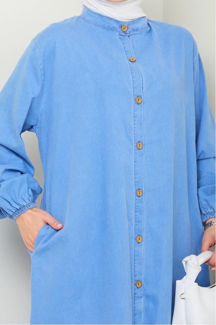 Ziyer Boydan Düğmeli Kot Elbise 1498 - Mavi