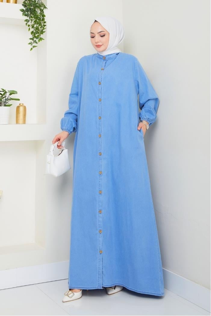 Ziyer Boydan Düğmeli Kot Elbise 1498 - Mavi