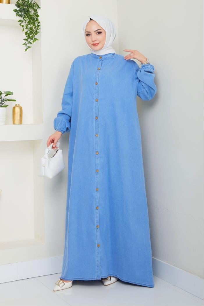 Ziyer Boydan Düğmeli Kot Elbise 1498 - Mavi