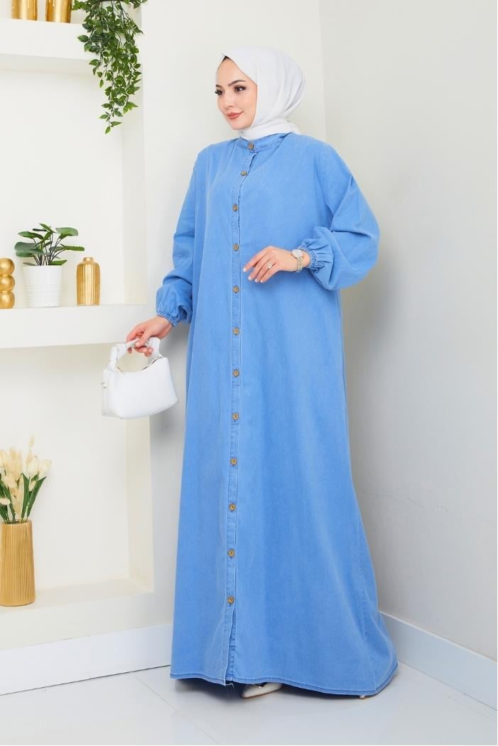 Ziyer Boydan Düğmeli Kot Elbise 1498 - Mavi