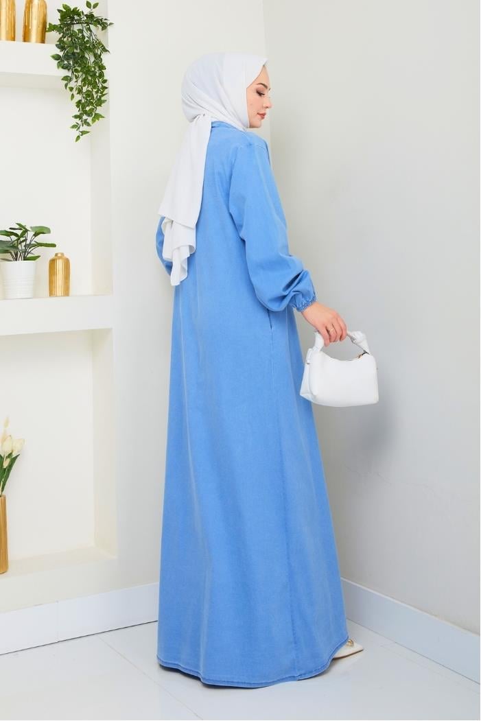 Ziyer Boydan Düğmeli Kot Elbise 1498 - Mavi