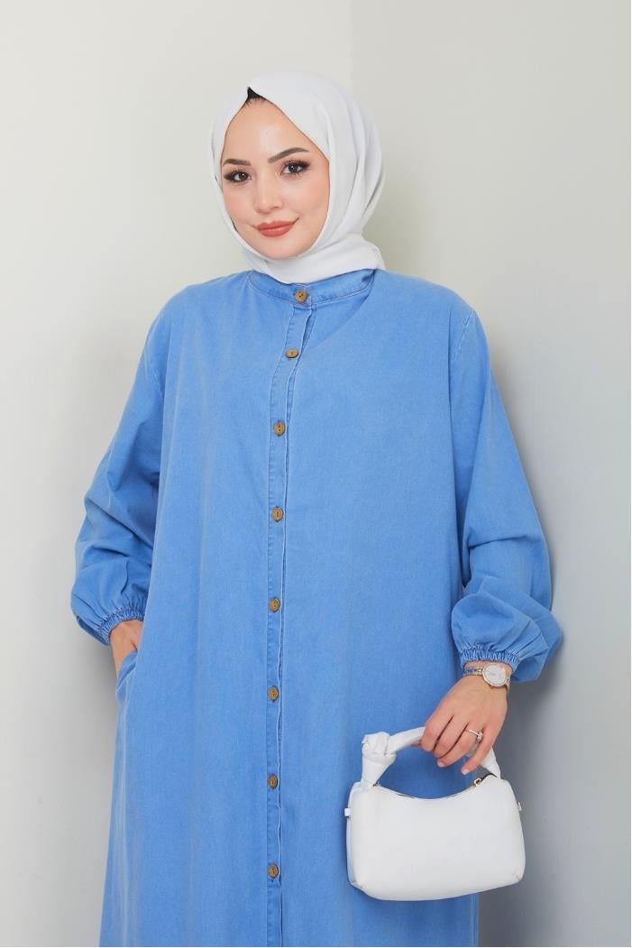 Ziyer Boydan Düğmeli Kot Elbise 1498 - Mavi