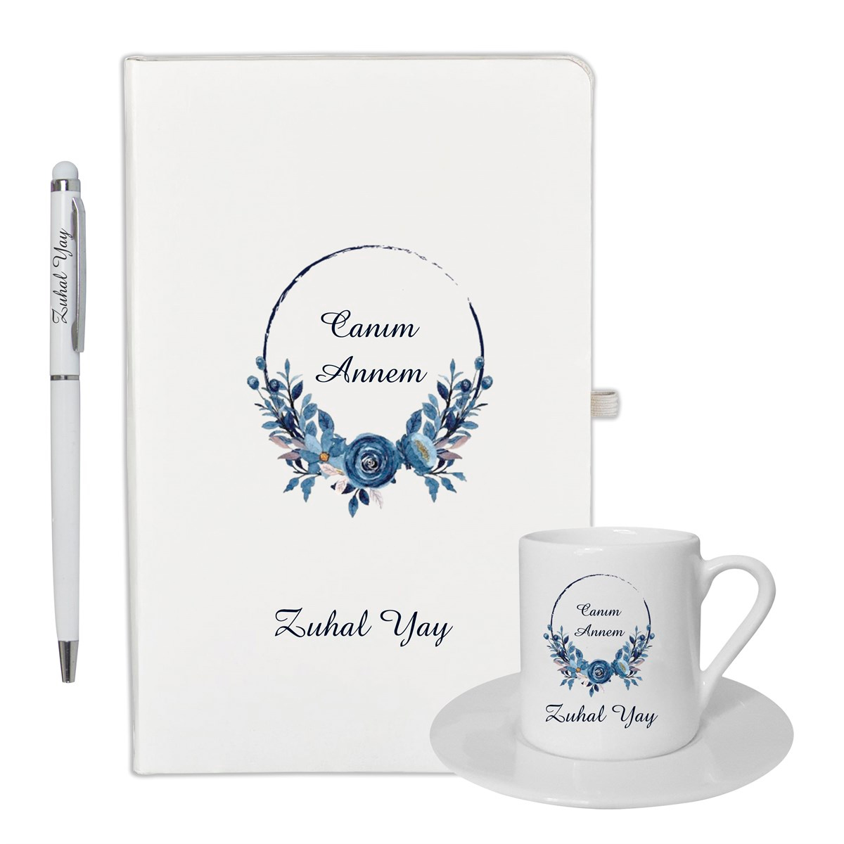  İsme Özel Defter Kalem ve Kahve Fincan Seti - Canım Annem